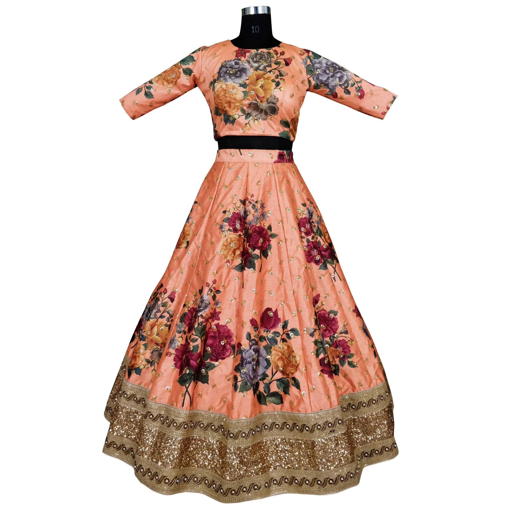 Adorning Peach Colored Partywear Designer Embroidered Art Silk Lehenga Choli - Peachmode