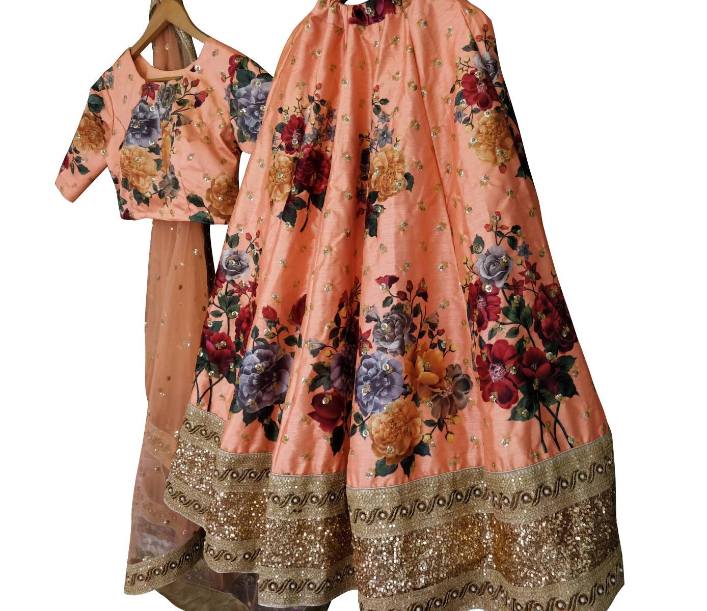 Adorning Peach Colored Partywear Designer Embroidered Art Silk Lehenga Choli - Peachmode