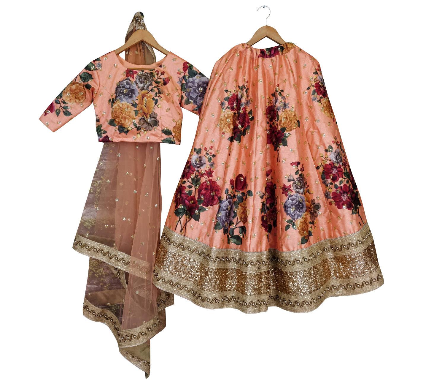 Adorning Peach Colored Partywear Designer Embroidered Art Silk Lehenga Choli - Peachmode