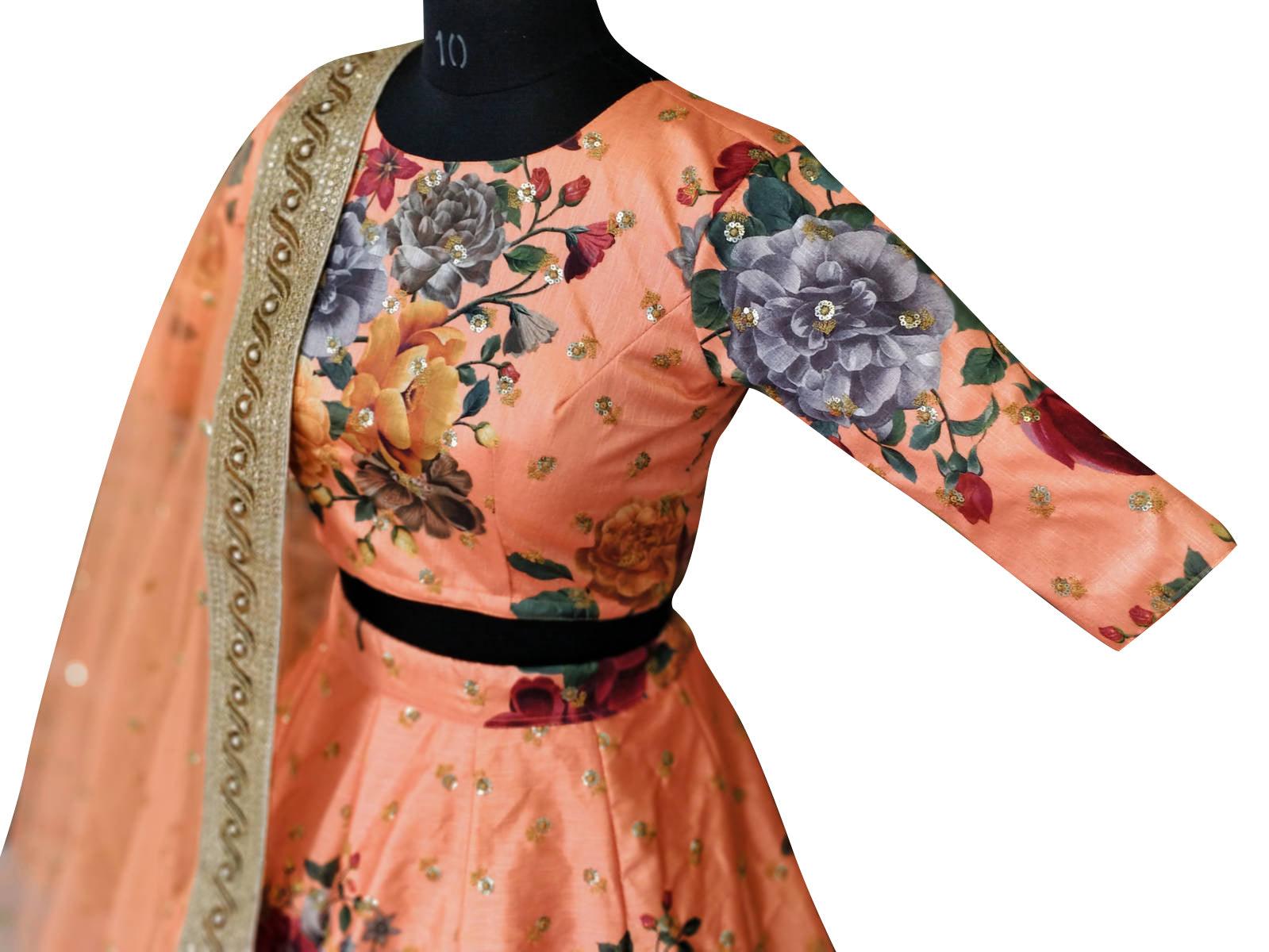 Adorning Peach Colored Partywear Designer Embroidered Art Silk Lehenga Choli - Peachmode