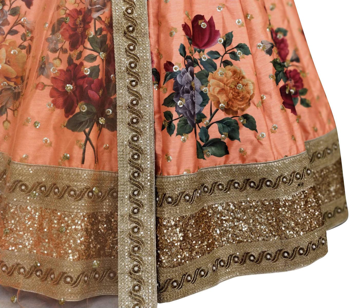 Adorning Peach Colored Partywear Designer Embroidered Art Silk Lehenga Choli - Peachmode