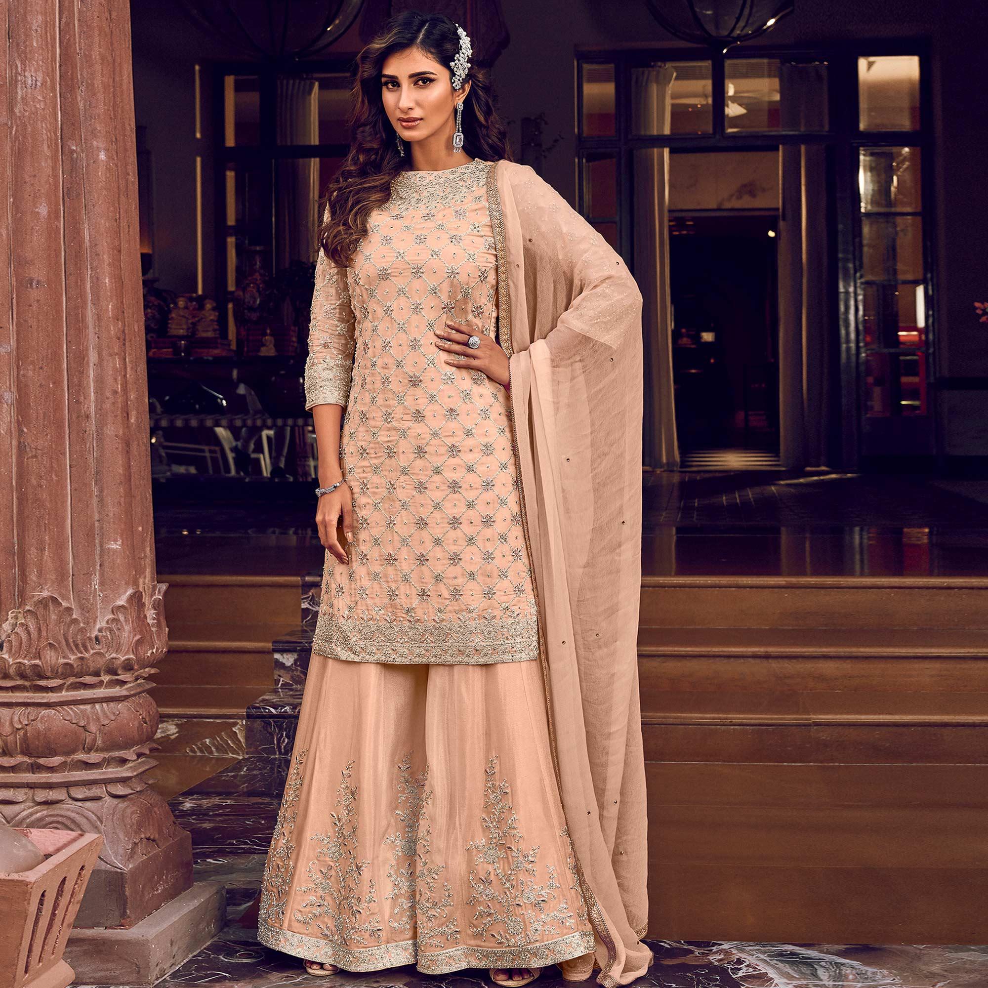 Adorning Peach Colored Partywear Embroidered Kriva Georgette Palazzo Suit - Peachmode