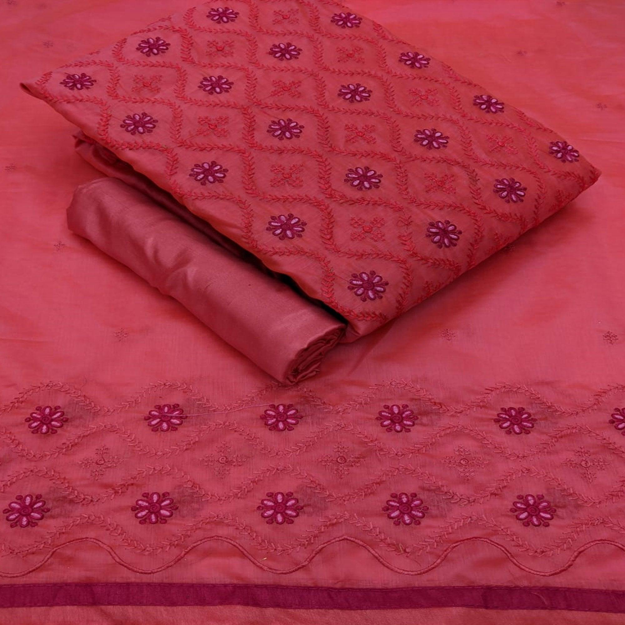 Adorning Pink Colored Casual Wear Embroidered Modal Cotton Dress Material - Peachmode