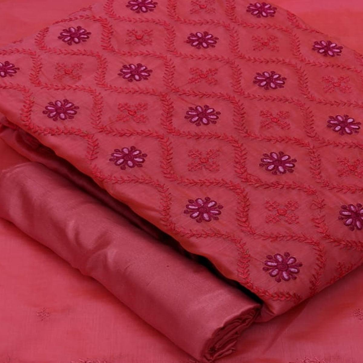 Adorning Pink Colored Casual Wear Embroidered Modal Cotton Dress Material - Peachmode
