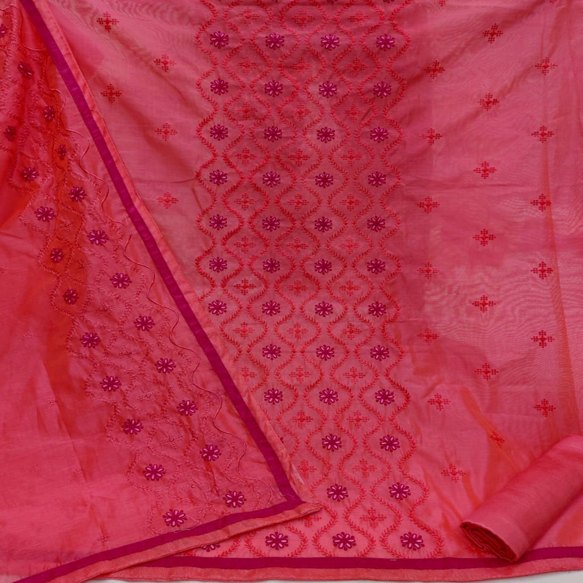 Adorning Pink Colored Casual Wear Embroidered Modal Cotton Dress Material - Peachmode