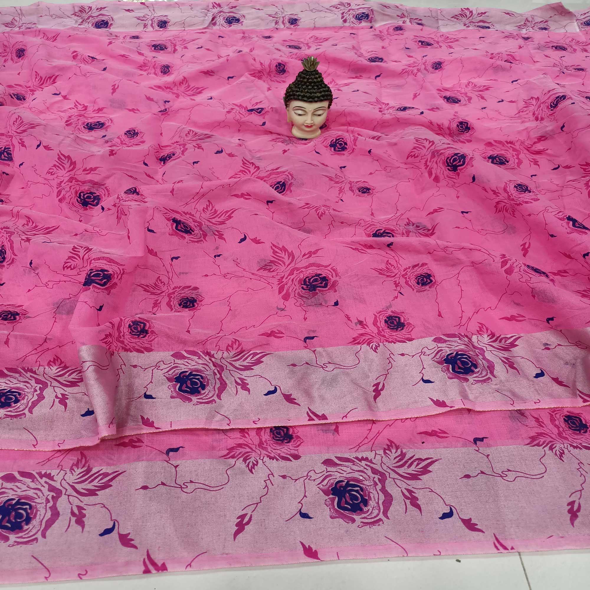 Adorning Pink Colored Casual Wear Floral Block Printed Cotton Linen Saree - Peachmode