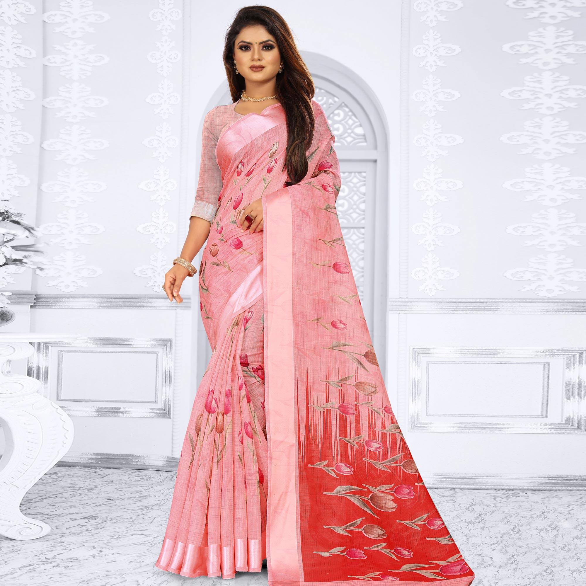 Adorning Pink Colored Casual Wear Floral Printed Linen Saree - Peachmode