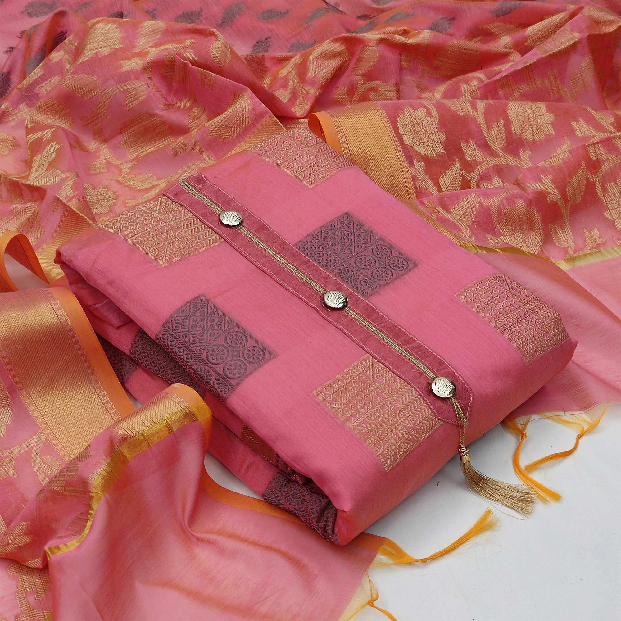 Adorning Pink Colored Casual Wear Woven Banarasi Jacquard Dress Material - Peachmode