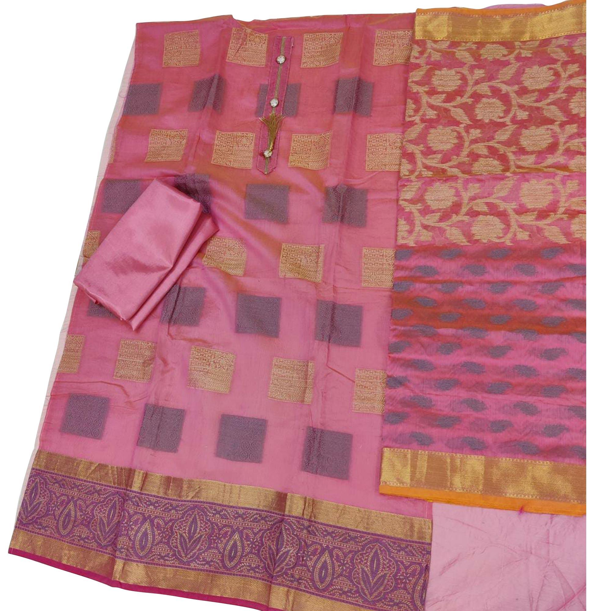 Adorning Pink Colored Casual Wear Woven Banarasi Jacquard Dress Material - Peachmode