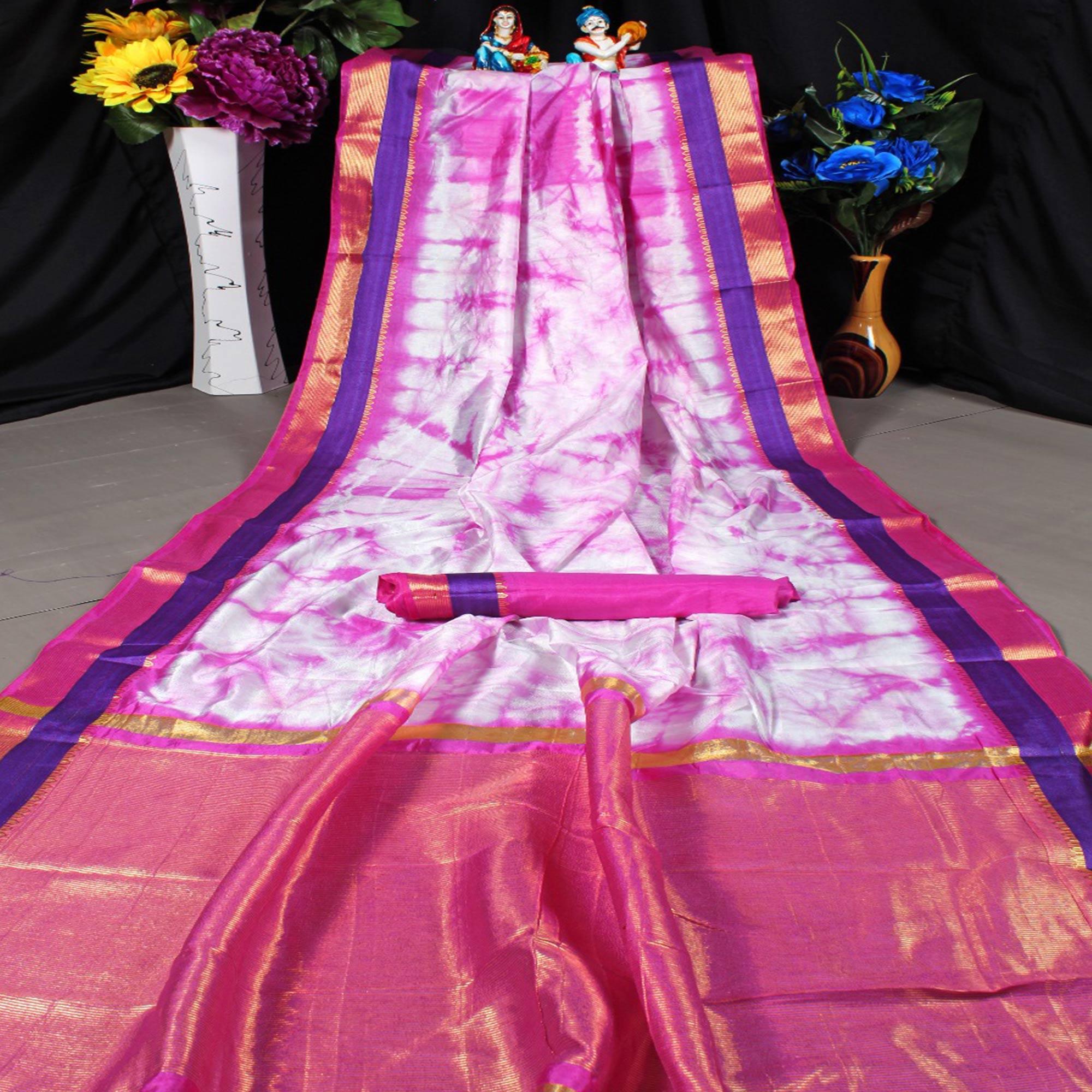 Adorning Pink Colored Festive Wear Woven Tussar Silk Saree - Peachmode