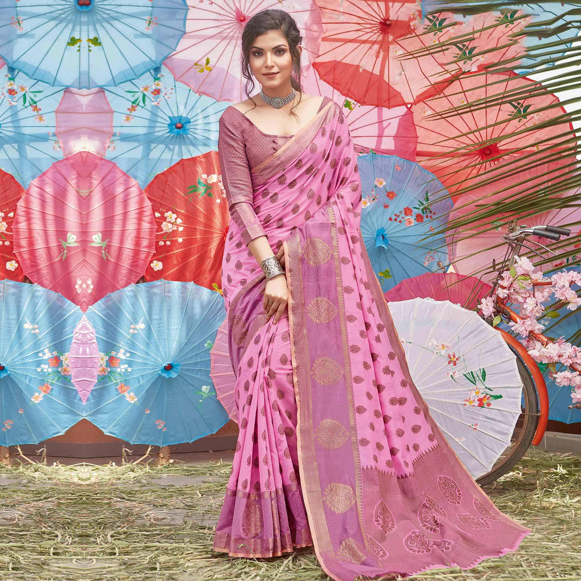 Adorning Pink Coloured Festive Wear Woven Cotton Handloom Saree - Peachmode