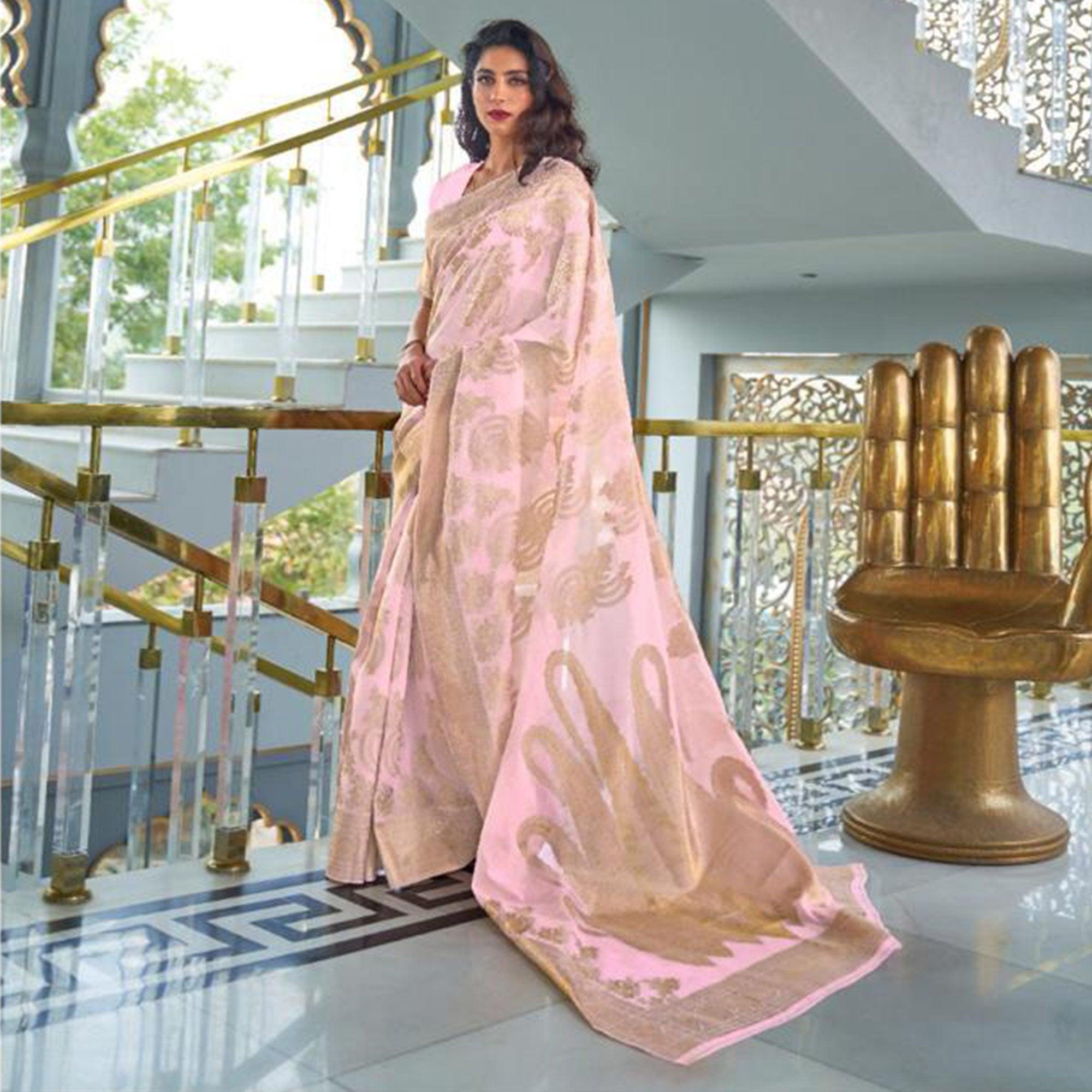 Adorning Pink Coloured Partywear Pure Modal Woven Silk Saree - Peachmode