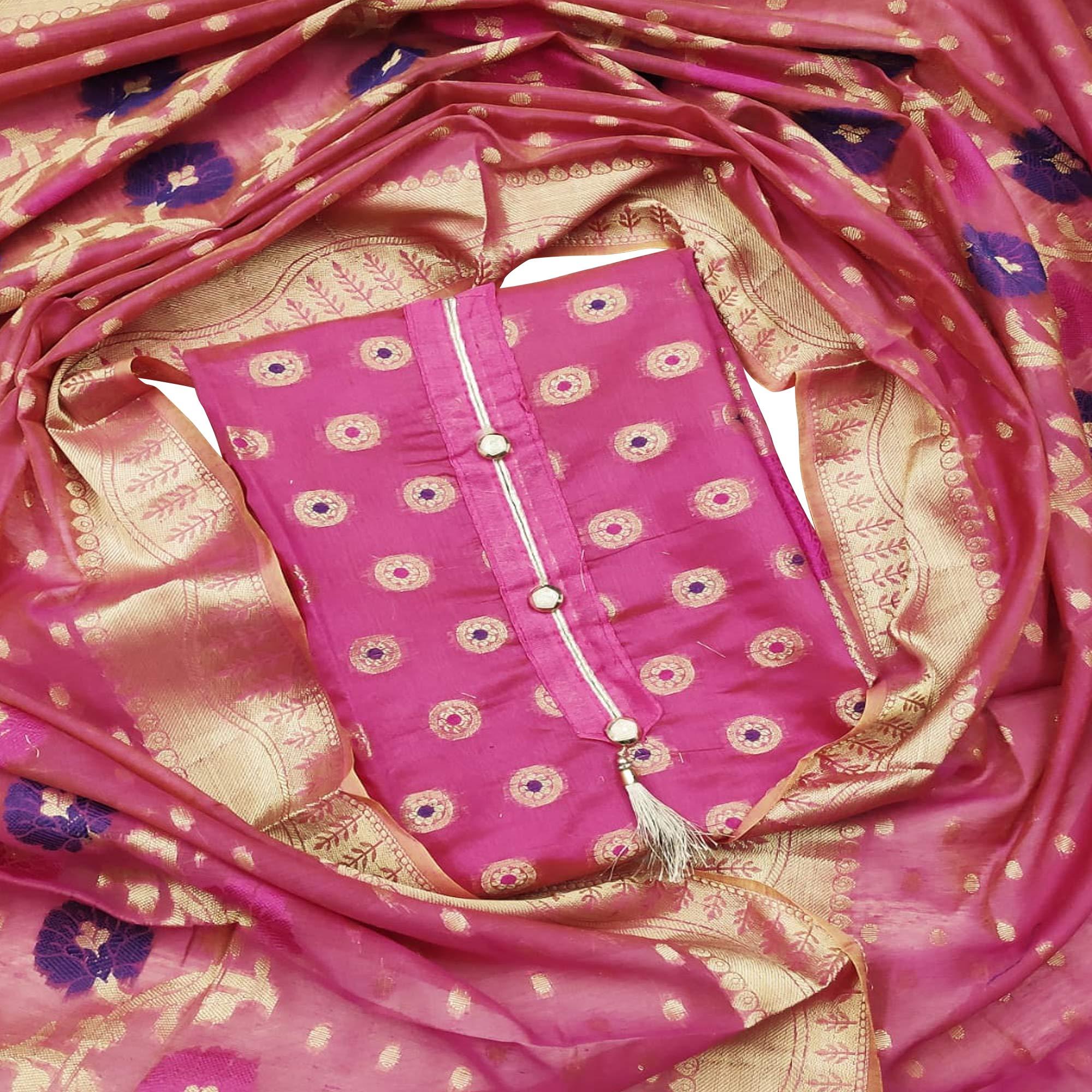 Adorning Purple Colored Festive Wear Woven Banarasi Silk Dress Material - Peachmode
