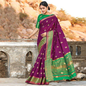 Adorning Purple Colored Festive Wear Woven Cotton Handloom Saree - Peachmode