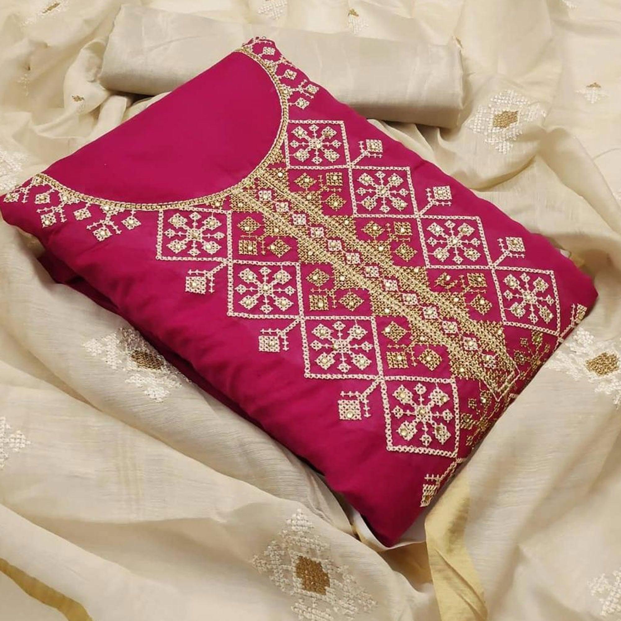 Adorning Rani Pink Colored Casual Wear Embroidered Chanderi Modal Dress Material - Peachmode