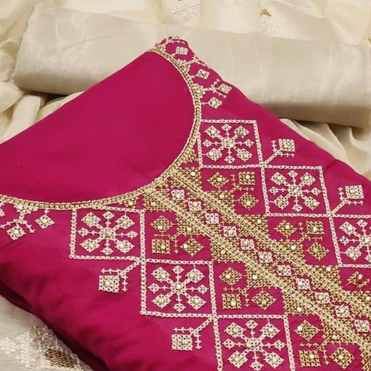 Adorning Rani Pink Colored Casual Wear Embroidered Chanderi Modal Dress Material - Peachmode