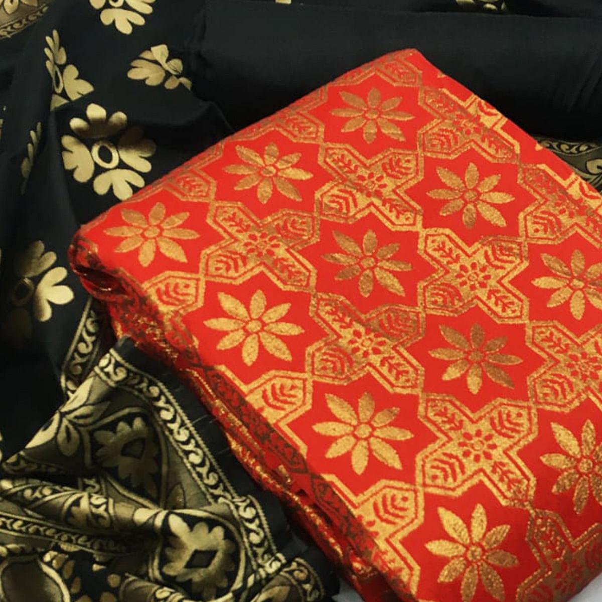 Adorning Red Colored Casual Wear Woven Banarasi Silk Dress Material - Peachmode