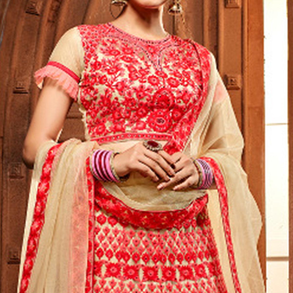 Adorning Red Colored Party Wear Embroidered Net Lehenga Choli - Peachmode