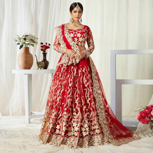 Adorning Red Colored Wedding Wear Butterfly Net With Embroidered Lehenga Choli - Peachmode