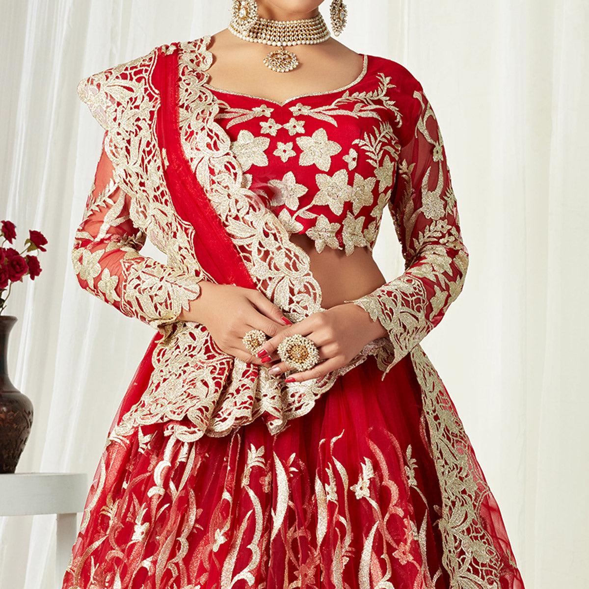 Adorning Red Colored Wedding Wear Butterfly Net With Embroidered Lehenga Choli - Peachmode