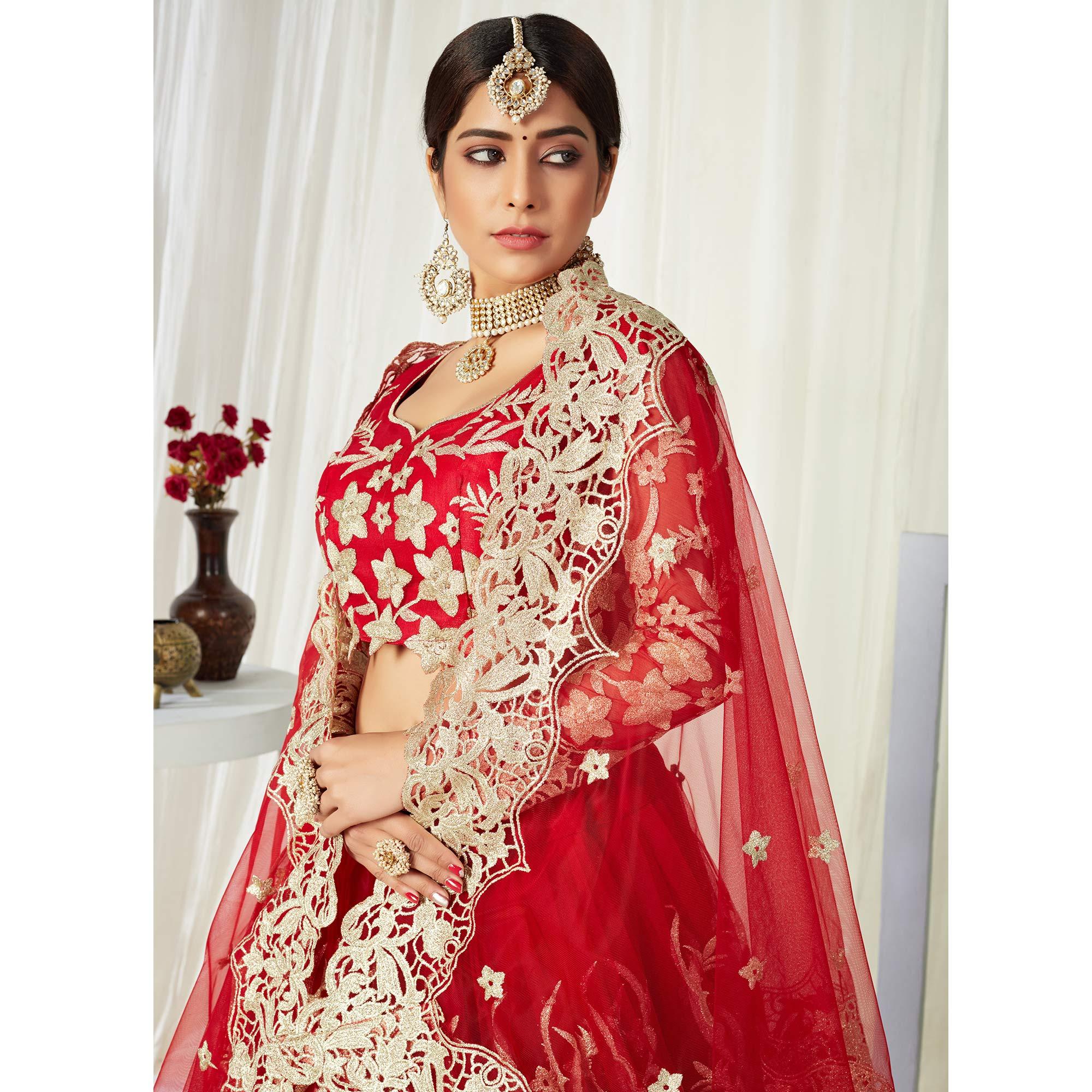 Adorning Red Colored Wedding Wear Butterfly Net With Embroidered Lehenga Choli - Peachmode