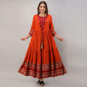 Adorning Red - Orange Colored Partywear Printed Koti Style Cotton Kurti - Peachmode