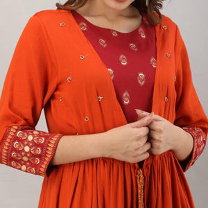 Adorning Red - Orange Colored Partywear Printed Koti Style Cotton Kurti - Peachmode