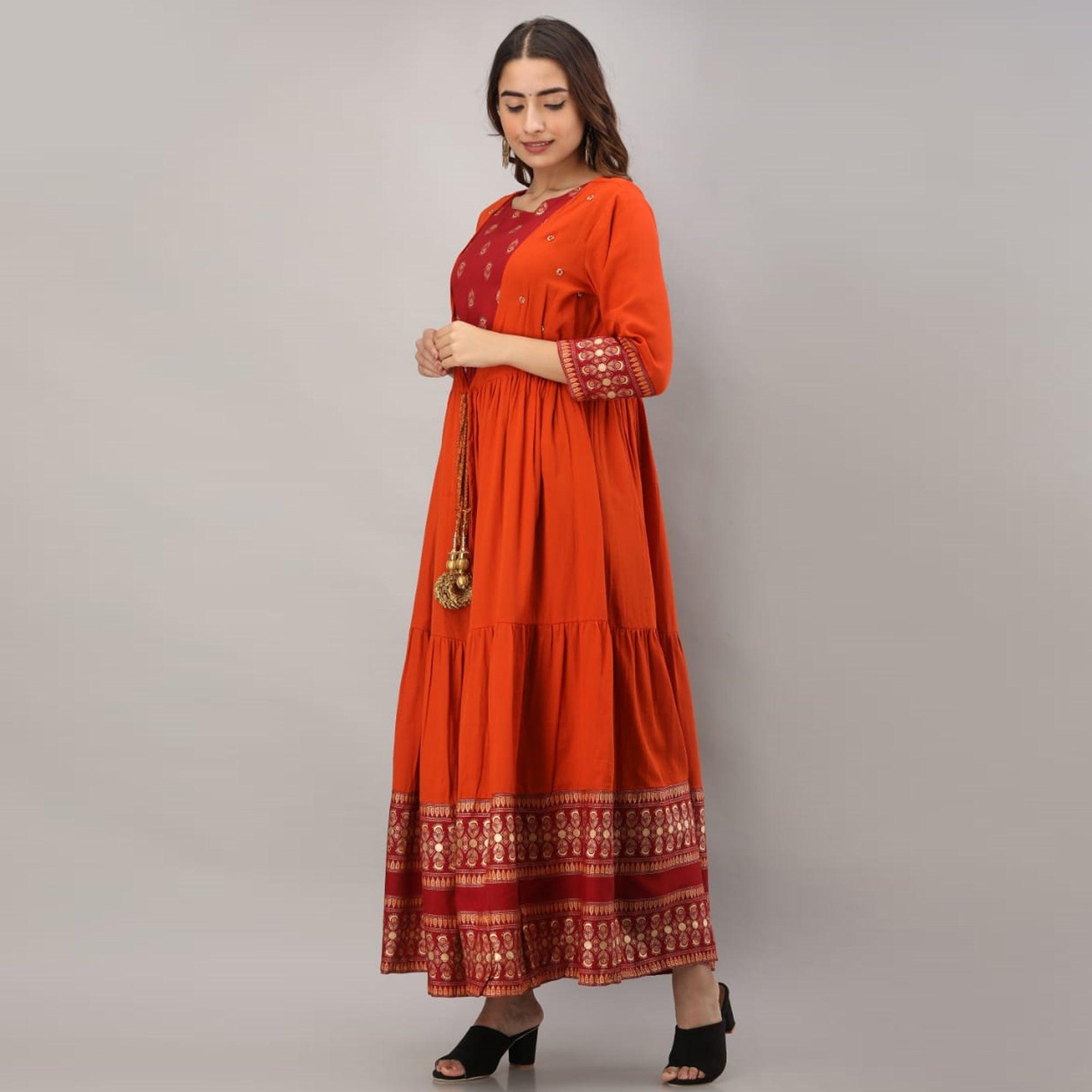 Adorning Red - Orange Colored Partywear Printed Koti Style Cotton Kurti - Peachmode