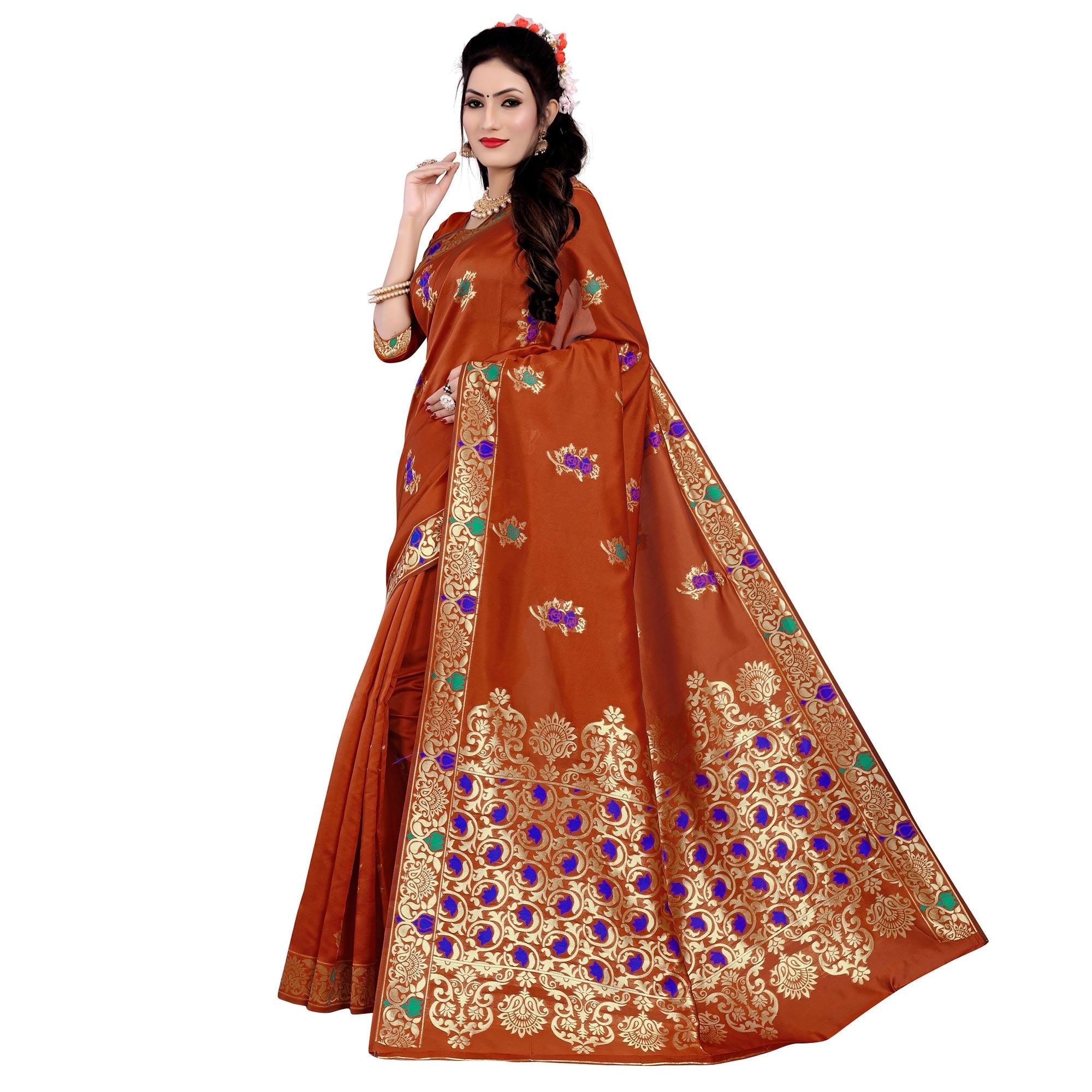 Adorning Rust Orange Colored Festive Wear Woven Work Banarasi Silk Saree - Peachmode