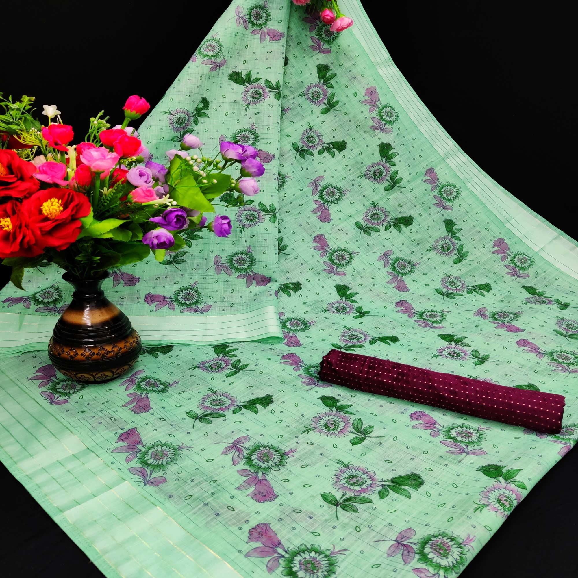Adorning Sea Green Coloured Floral Print Casual Wear Striped Pattern Cotton Saree - Peachmode