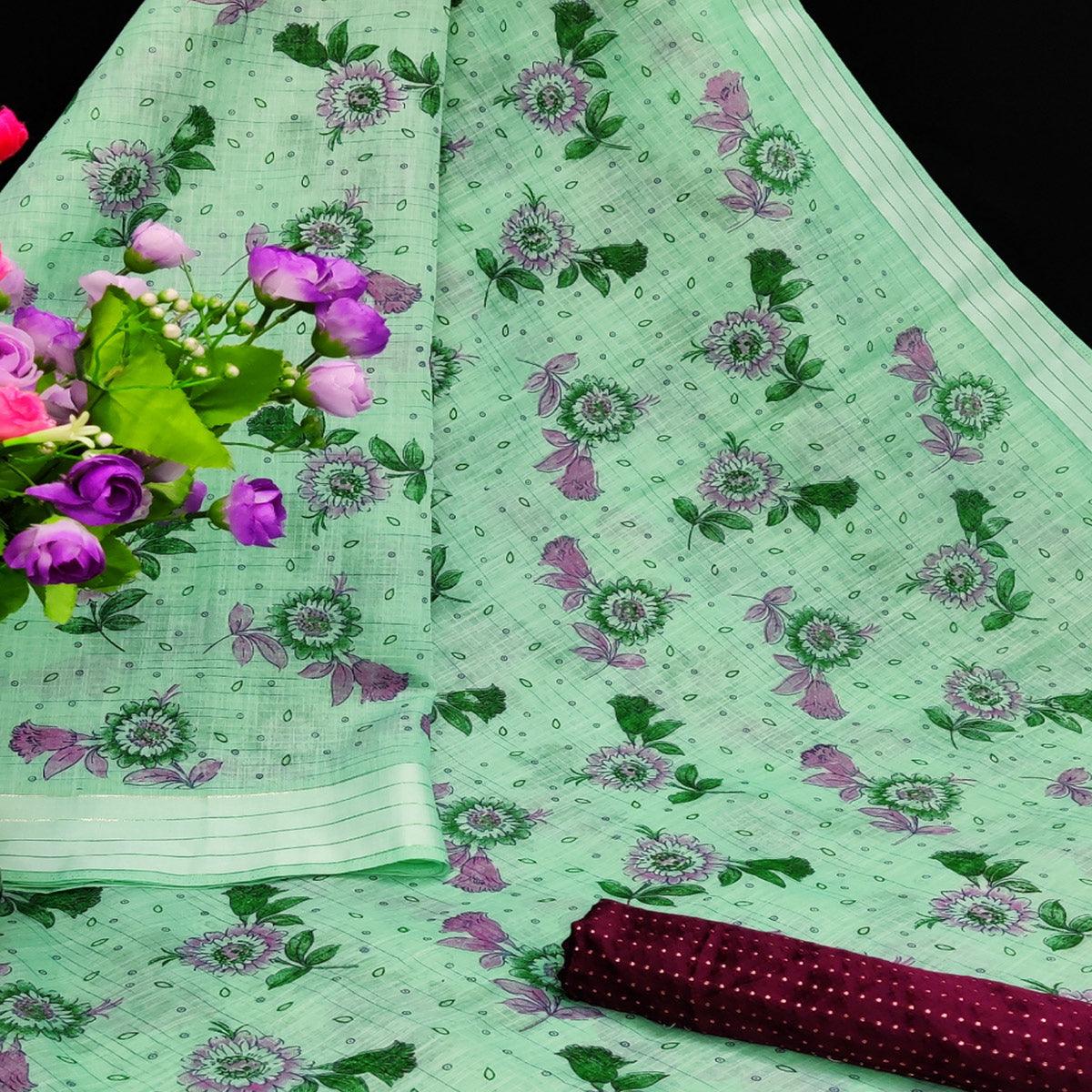 Adorning Sea Green Coloured Floral Print Casual Wear Striped Pattern Cotton Saree - Peachmode