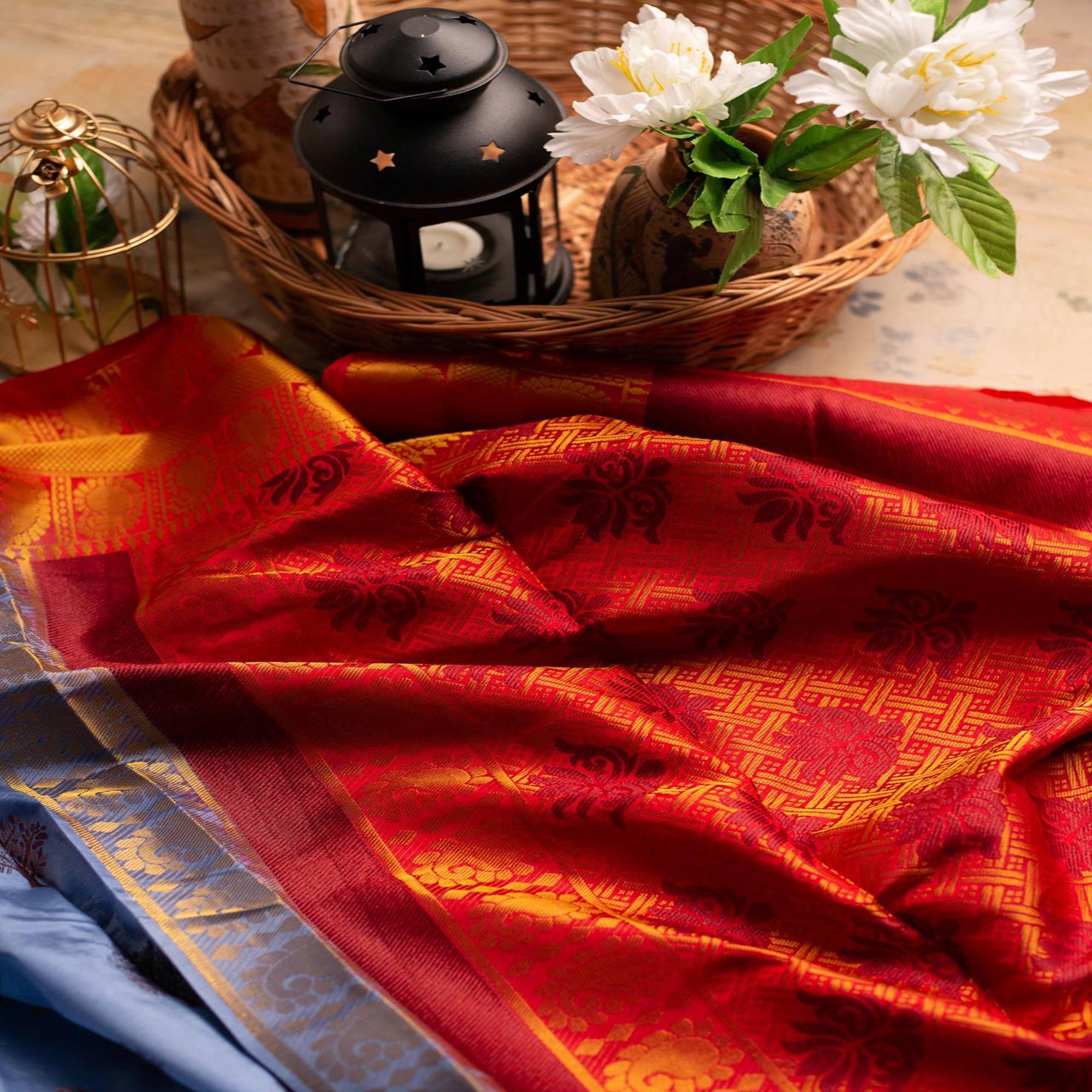 Adorning Sky Blue Colored Festive Wear Woven Art Silk Saree - Peachmode