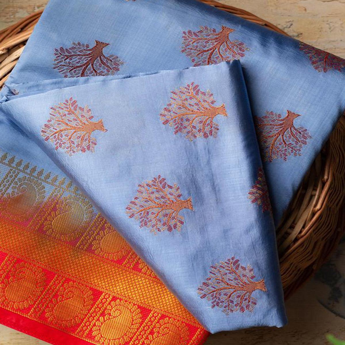 Adorning Sky Blue Colored Festive Wear Woven Art Silk Saree - Peachmode