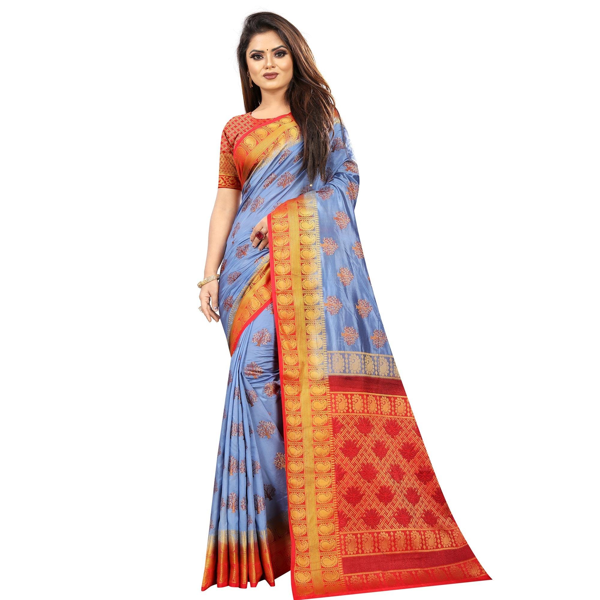 Adorning Sky Blue Colored Festive Wear Woven Art Silk Saree - Peachmode