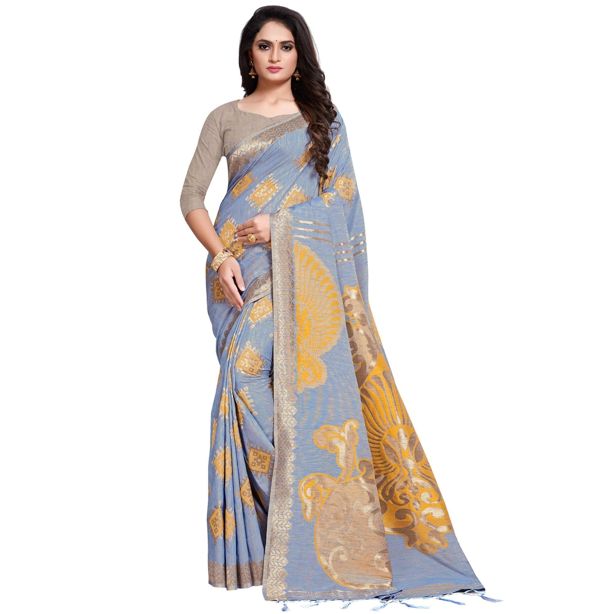 Adorning Stone Blue Colored Festive Wear Woven Silk Blend Saree With Tassles - Peachmode