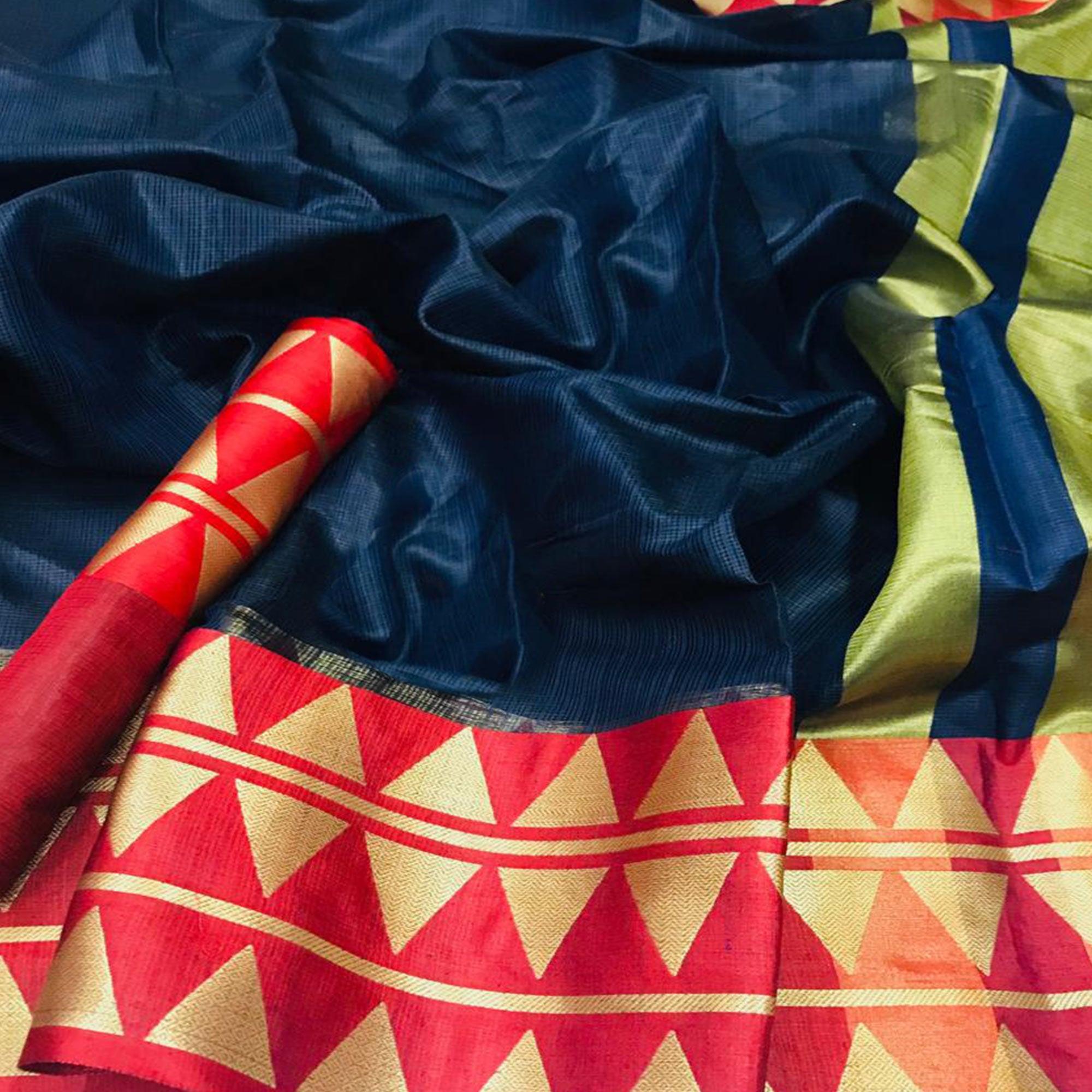 Adorning Teal Blue Colored Festive Wear Woven Silk Saree - Peachmode