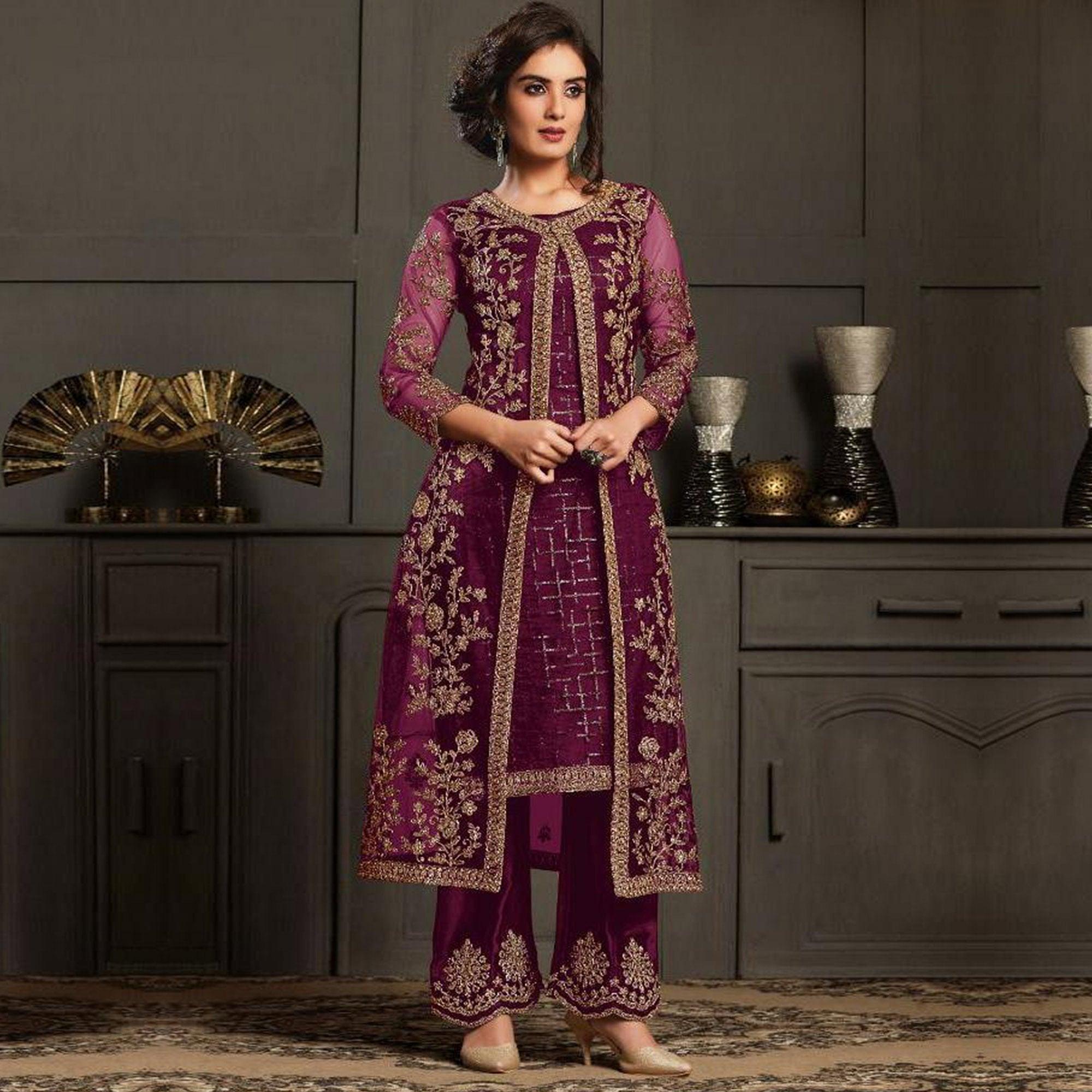 Adorning Wine Coloured Party Wear Floral Embroidered Butterfly Net Pakistani Straight Suit - Peachmode