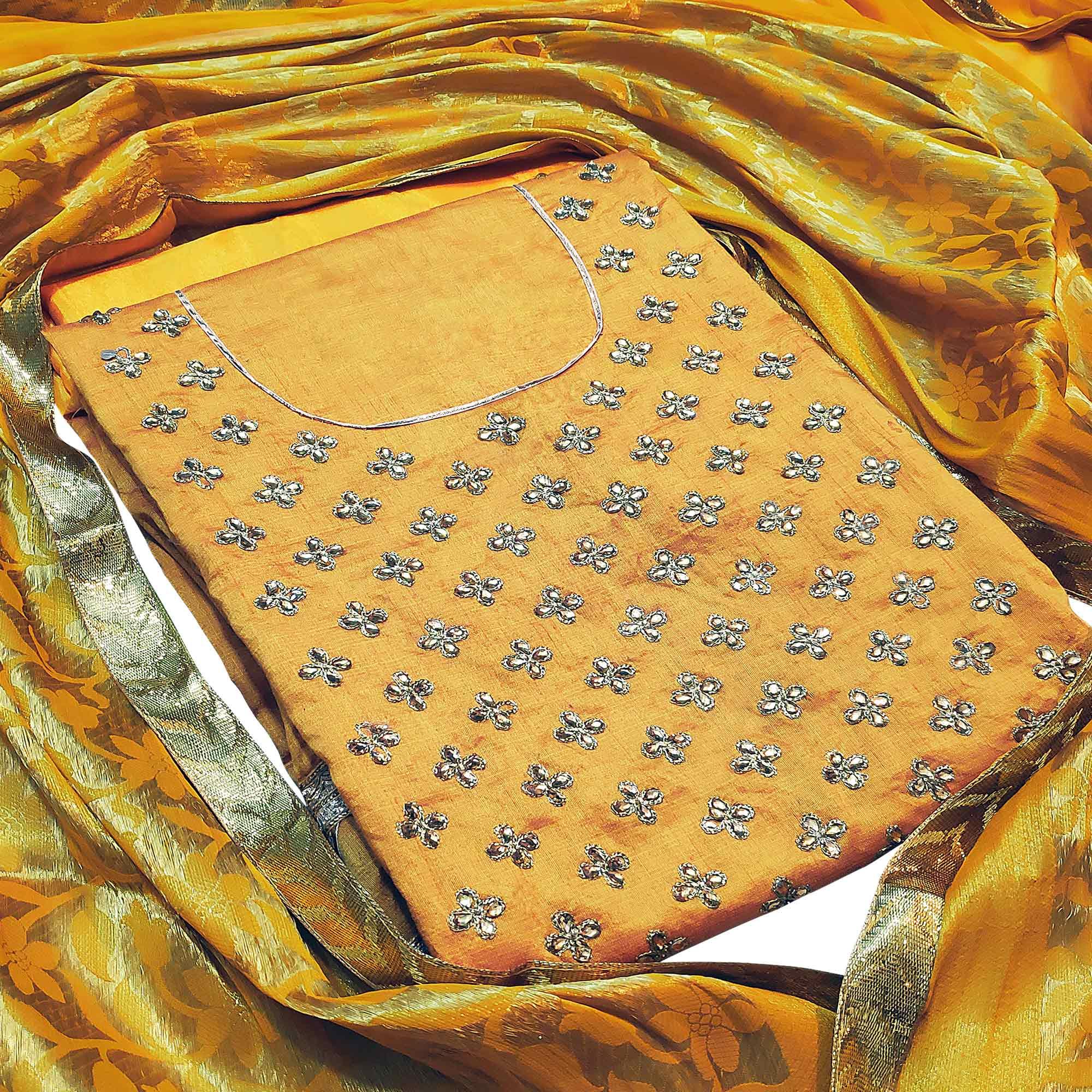 Adorning Yellow Colored Casual Wear Embroidered Silk Dress Material With Banarasi Silk Dupatta - Peachmode