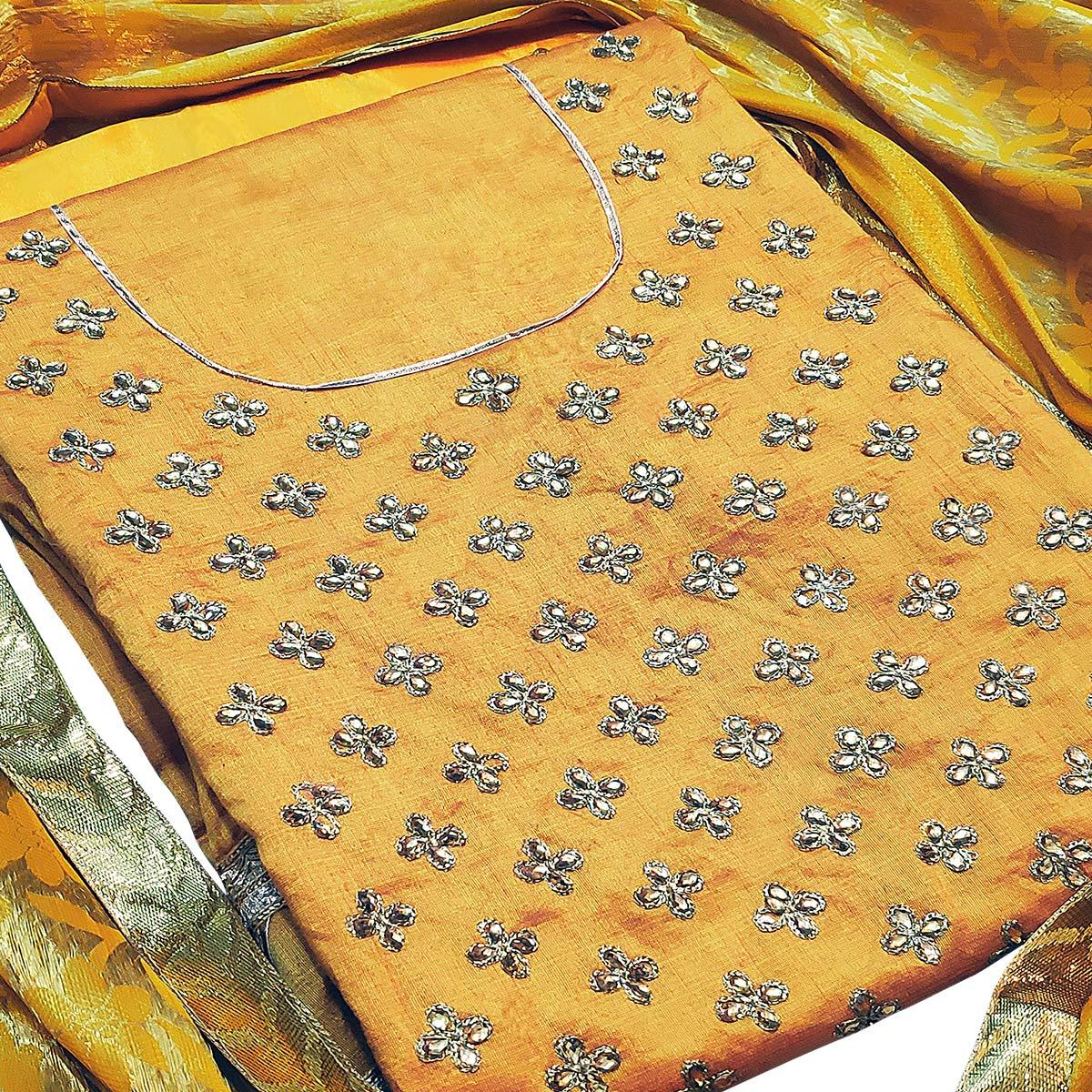 Adorning Yellow Colored Casual Wear Embroidered Silk Dress Material With Banarasi Silk Dupatta - Peachmode