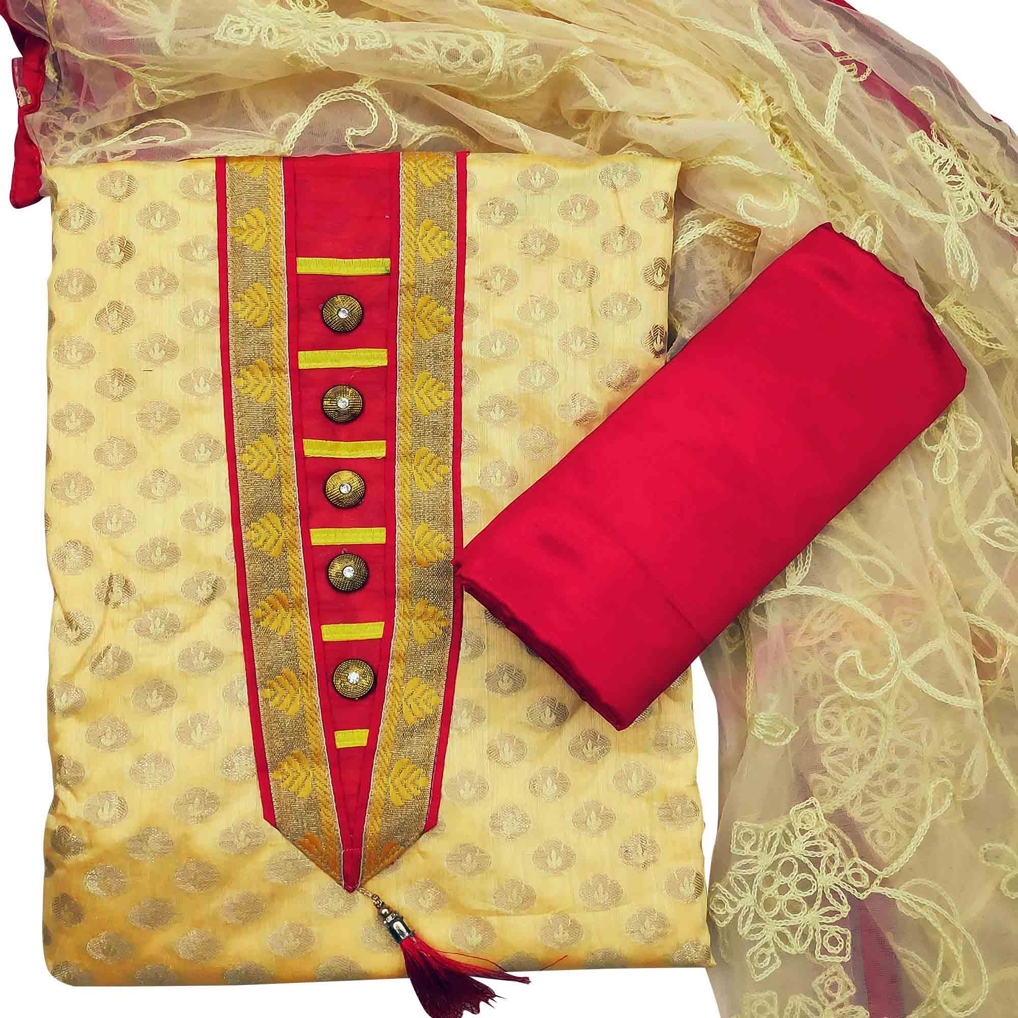 Adorning Yellow Colored Festive Wear Woven Heavy Banarasi Silk Dress Material - Peachmode
