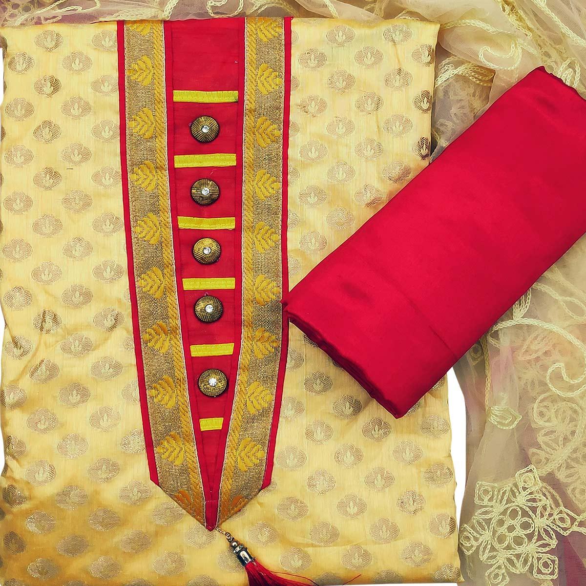 Adorning Yellow Colored Festive Wear Woven Heavy Banarasi Silk Dress Material - Peachmode