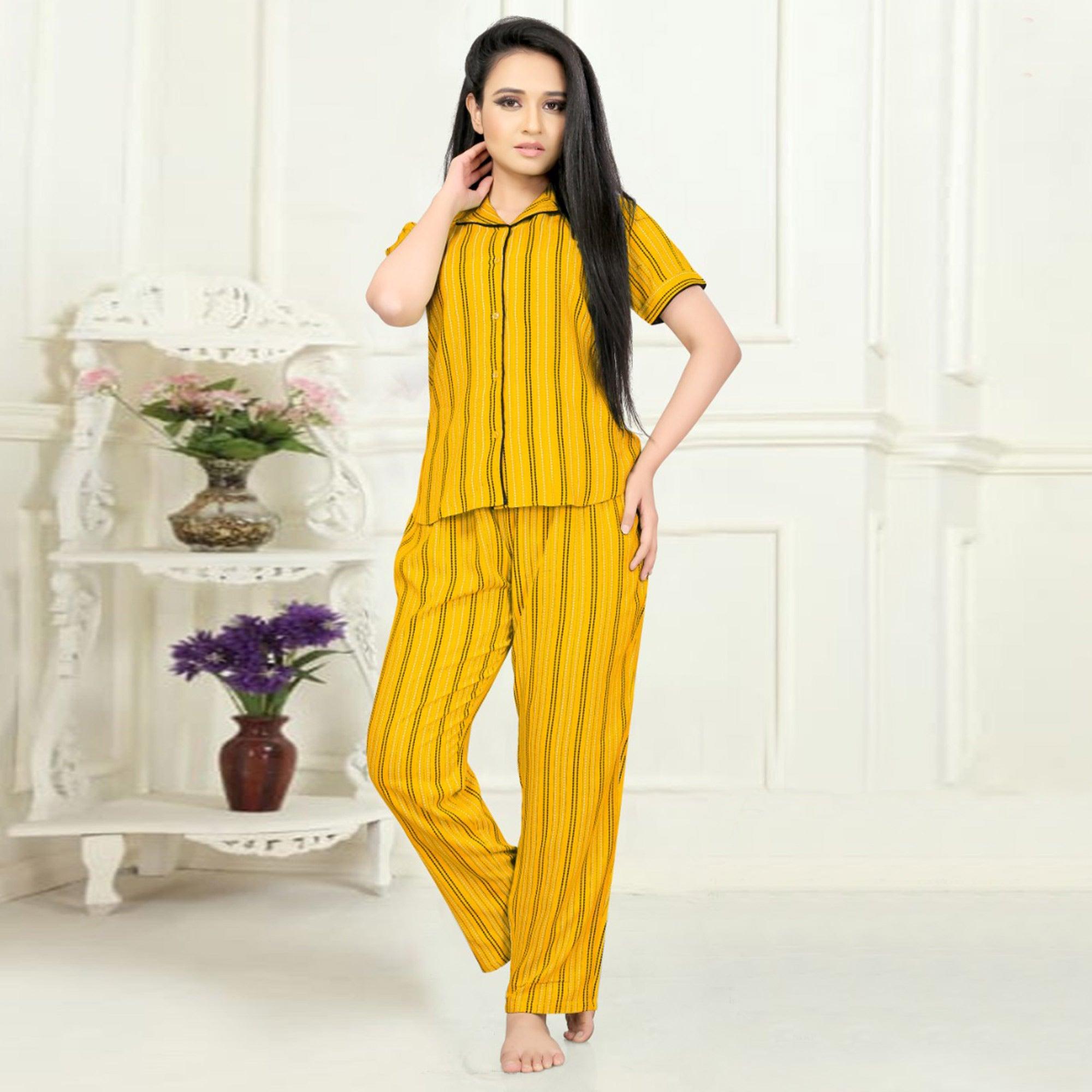 Adorning Yellow Colored Printed Cotton Rayon Night Suit - Peachmode