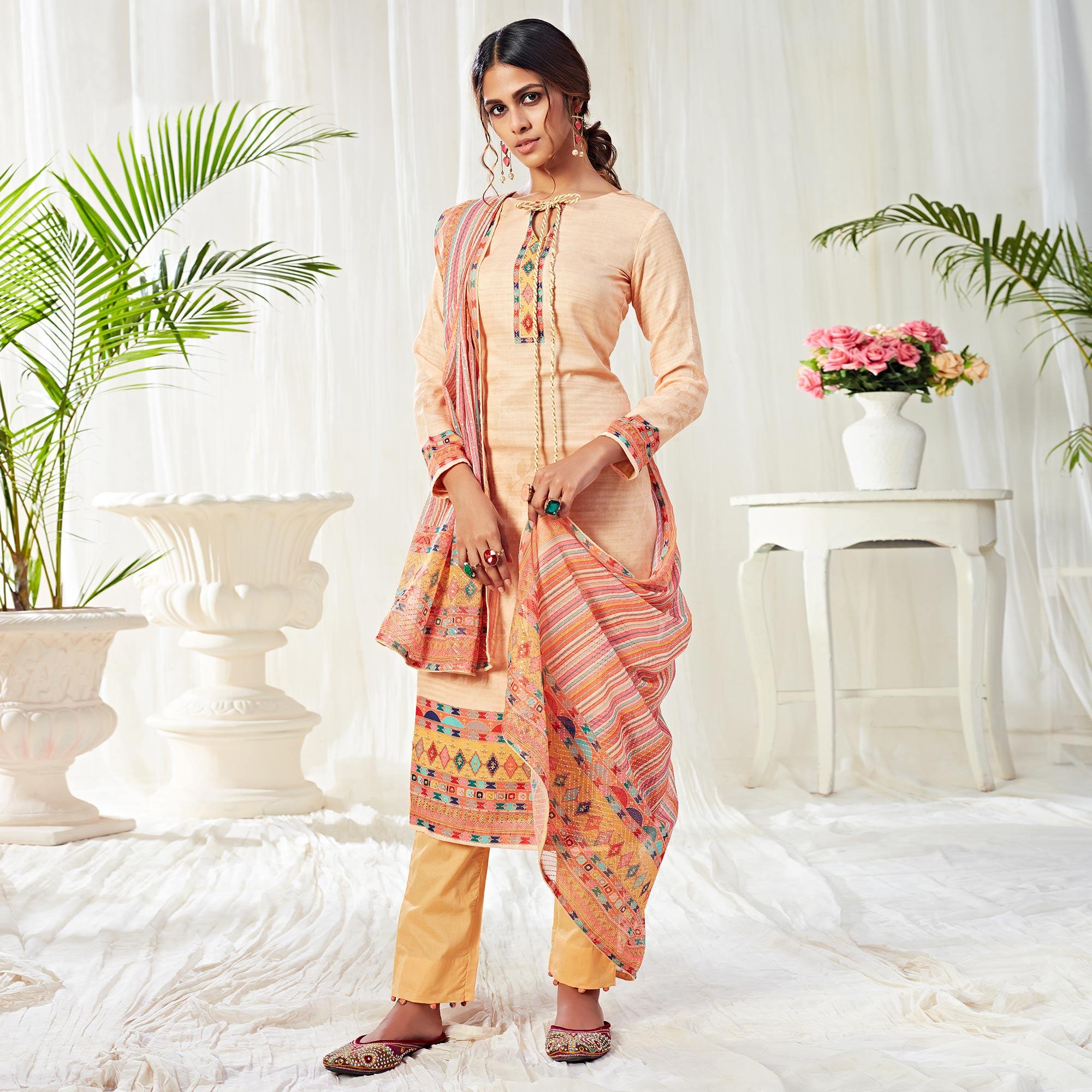 Alluring Beige Colored Partywear Digital Printed Cotton Suit - Peachmode