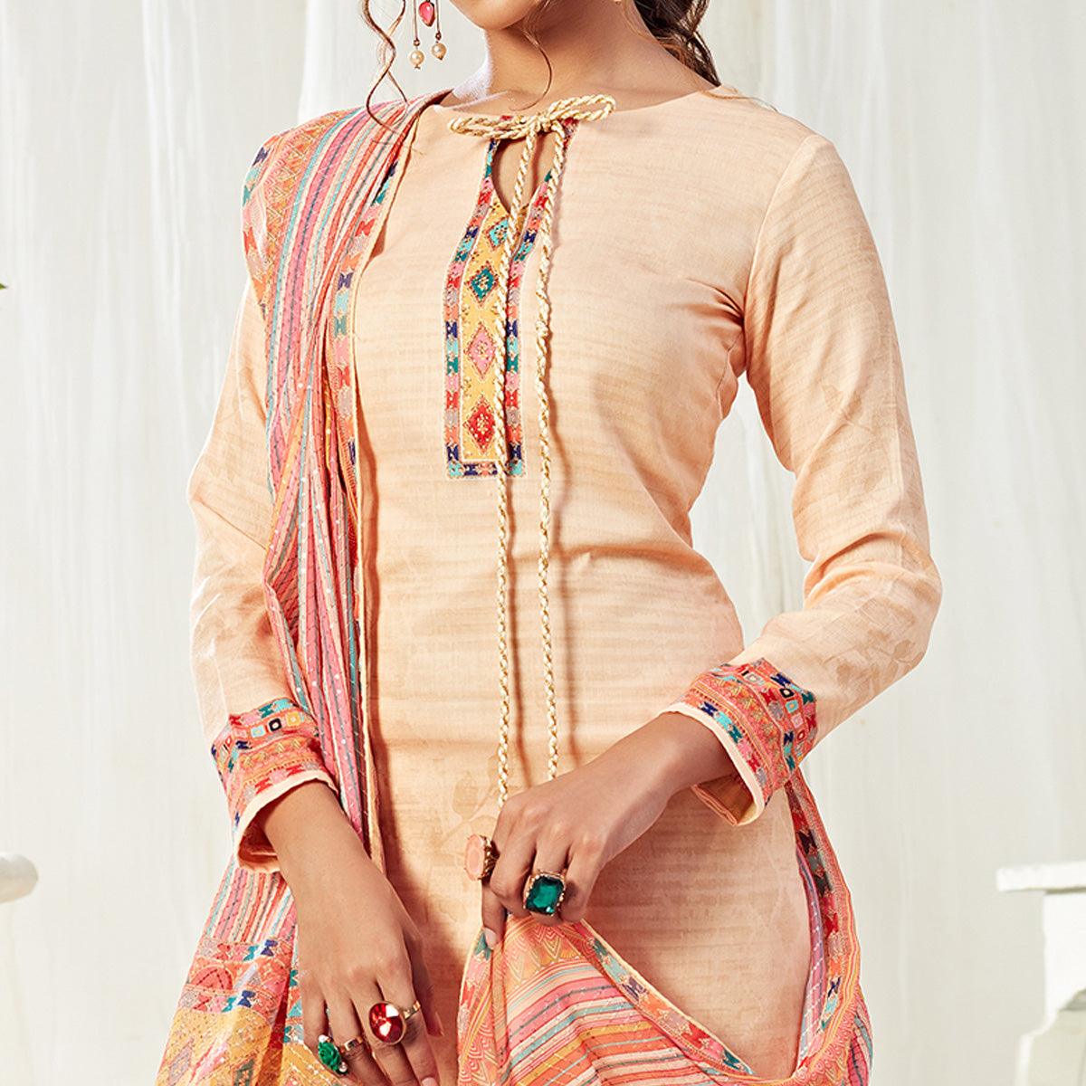 Alluring Beige Colored Partywear Digital Printed Cotton Suit - Peachmode