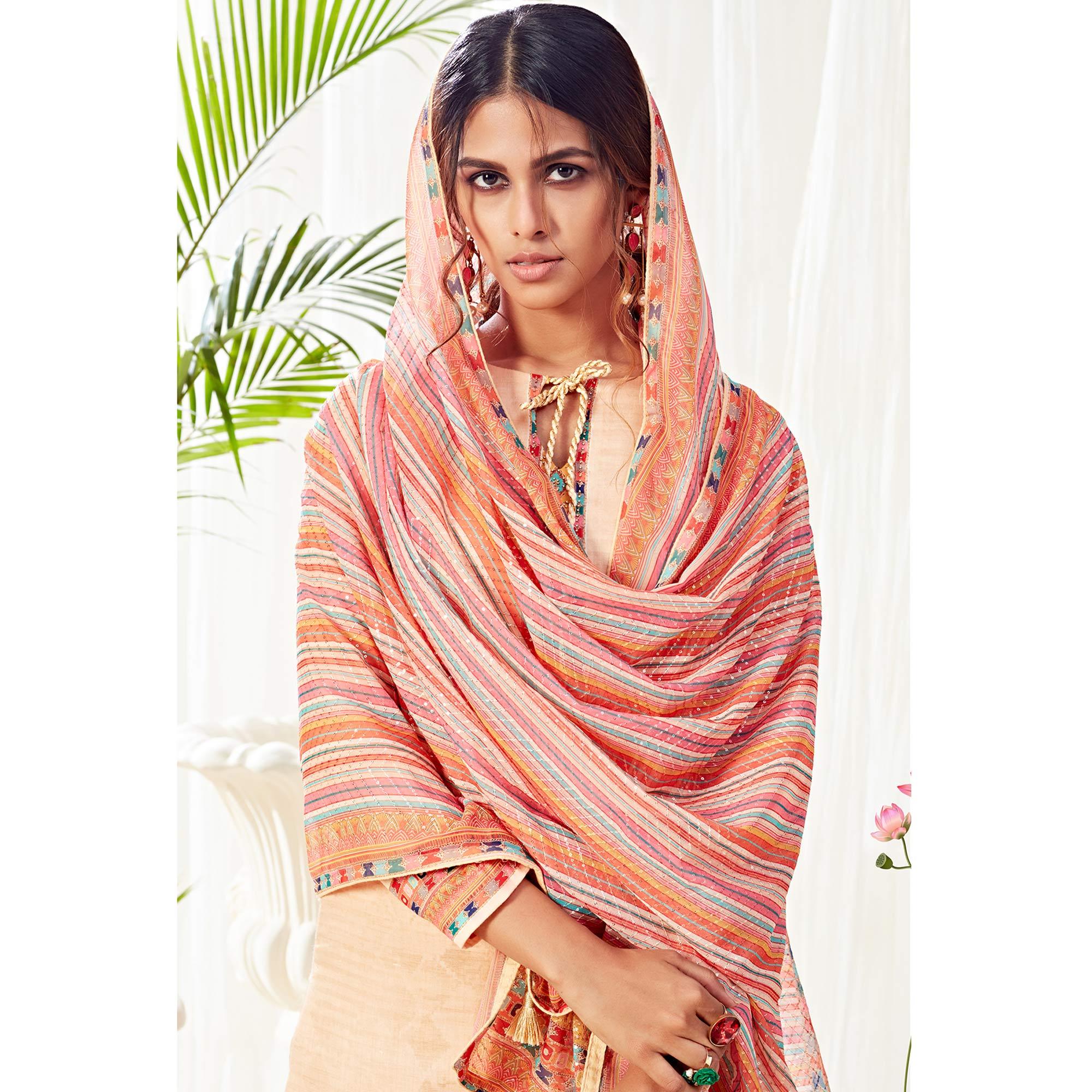 Alluring Beige Colored Partywear Digital Printed Cotton Suit - Peachmode
