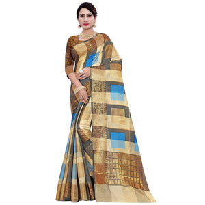 Alluring Beige-Firozi Colored Casual Printed Pure Cotton Jacquard Saree - Peachmode