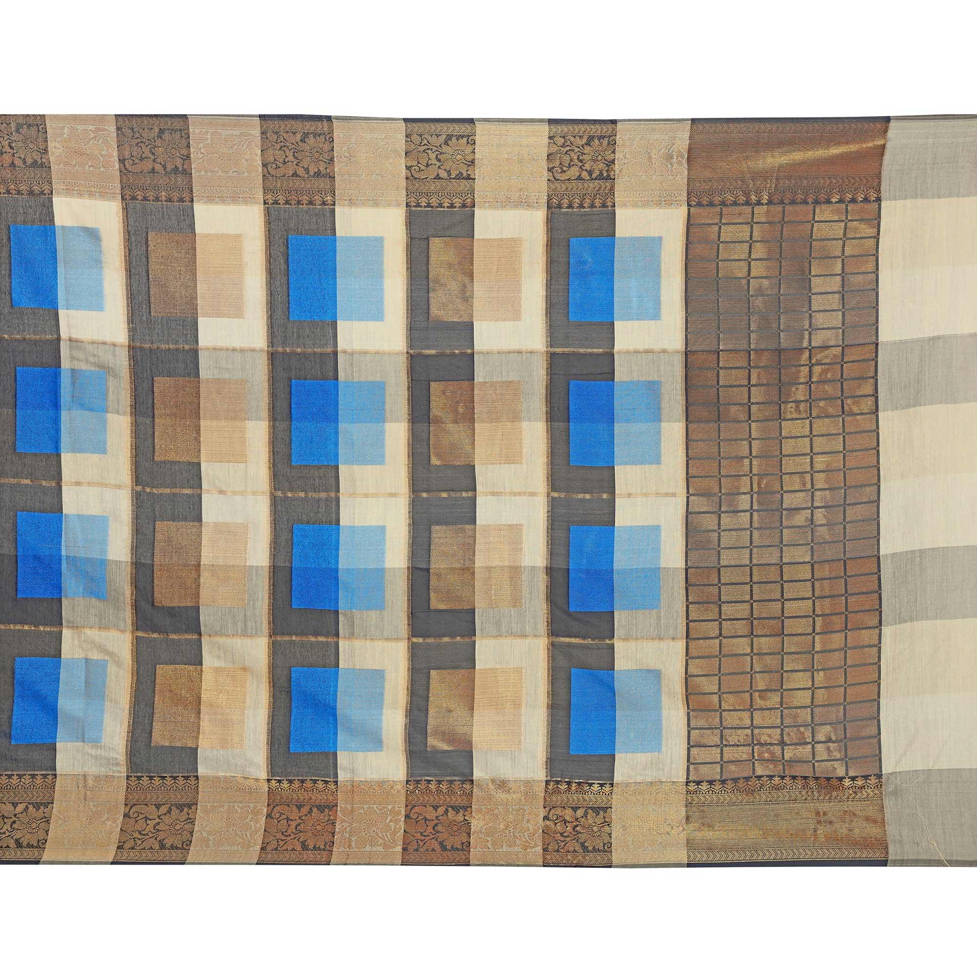 Alluring Beige-Firozi Colored Casual Printed Pure Cotton Jacquard Saree - Peachmode