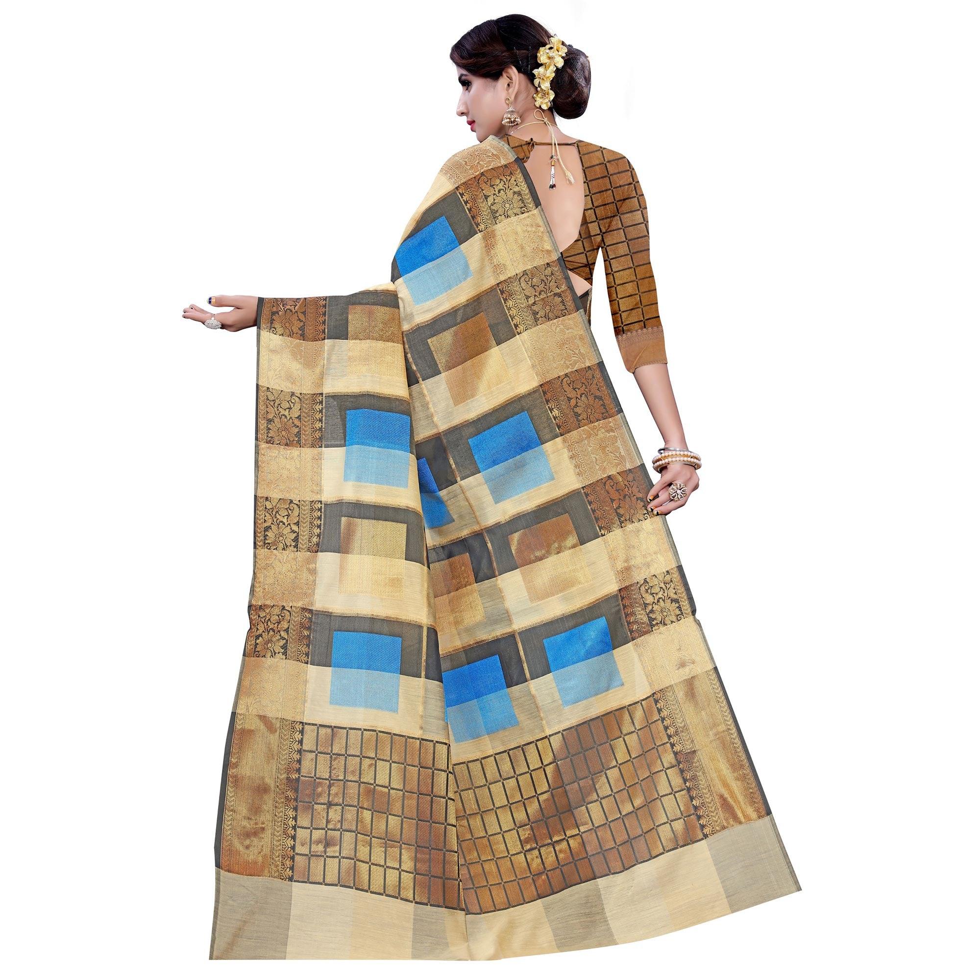 Alluring Beige-Firozi Colored Casual Printed Pure Cotton Jacquard Saree - Peachmode