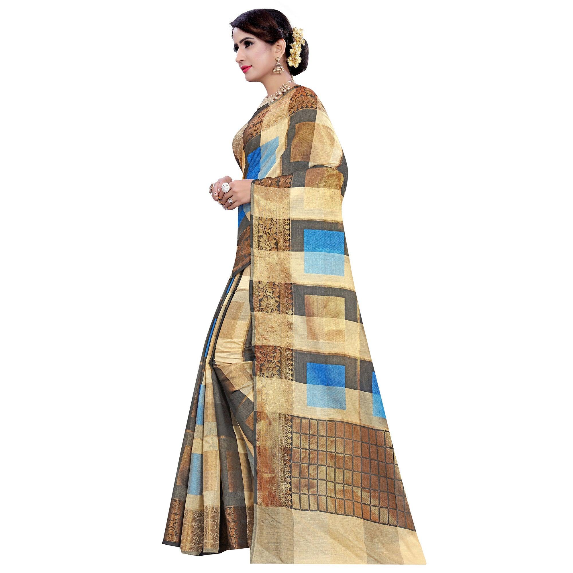 Alluring Beige-Firozi Colored Casual Printed Pure Cotton Jacquard Saree - Peachmode