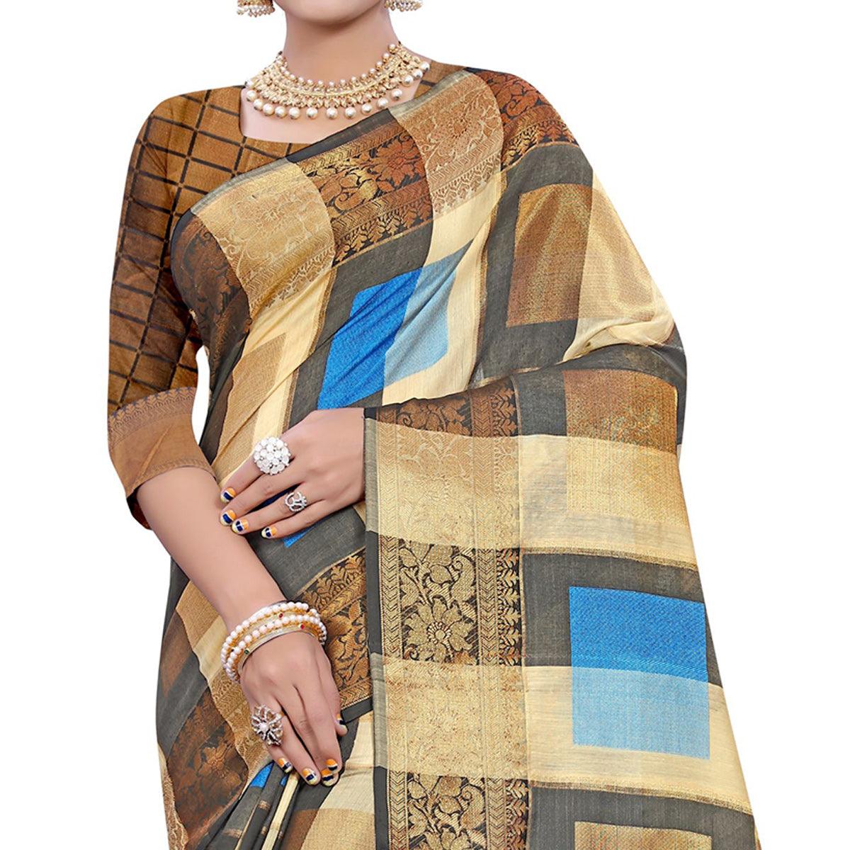 Alluring Beige-Firozi Colored Casual Printed Pure Cotton Jacquard Saree - Peachmode